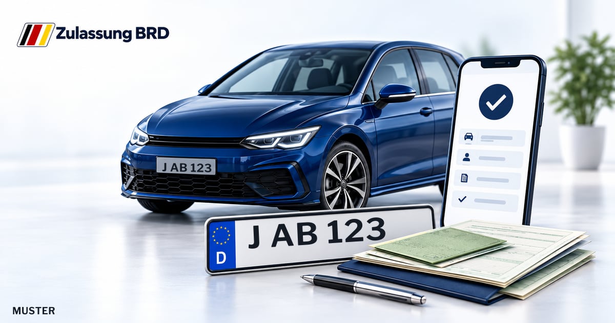 Online Fahrzeugzulassung in Jena: Musterkennzeichen J AB 123, Auto und Fahrzeugpapiere und Smartphone. Illustration mit Logo von Zulassung BRD.